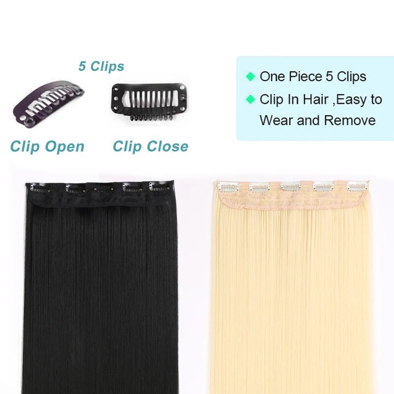 24in Synthetic Long Straight Clip In One Piece Hair Extension 5 Clips Fake Hair