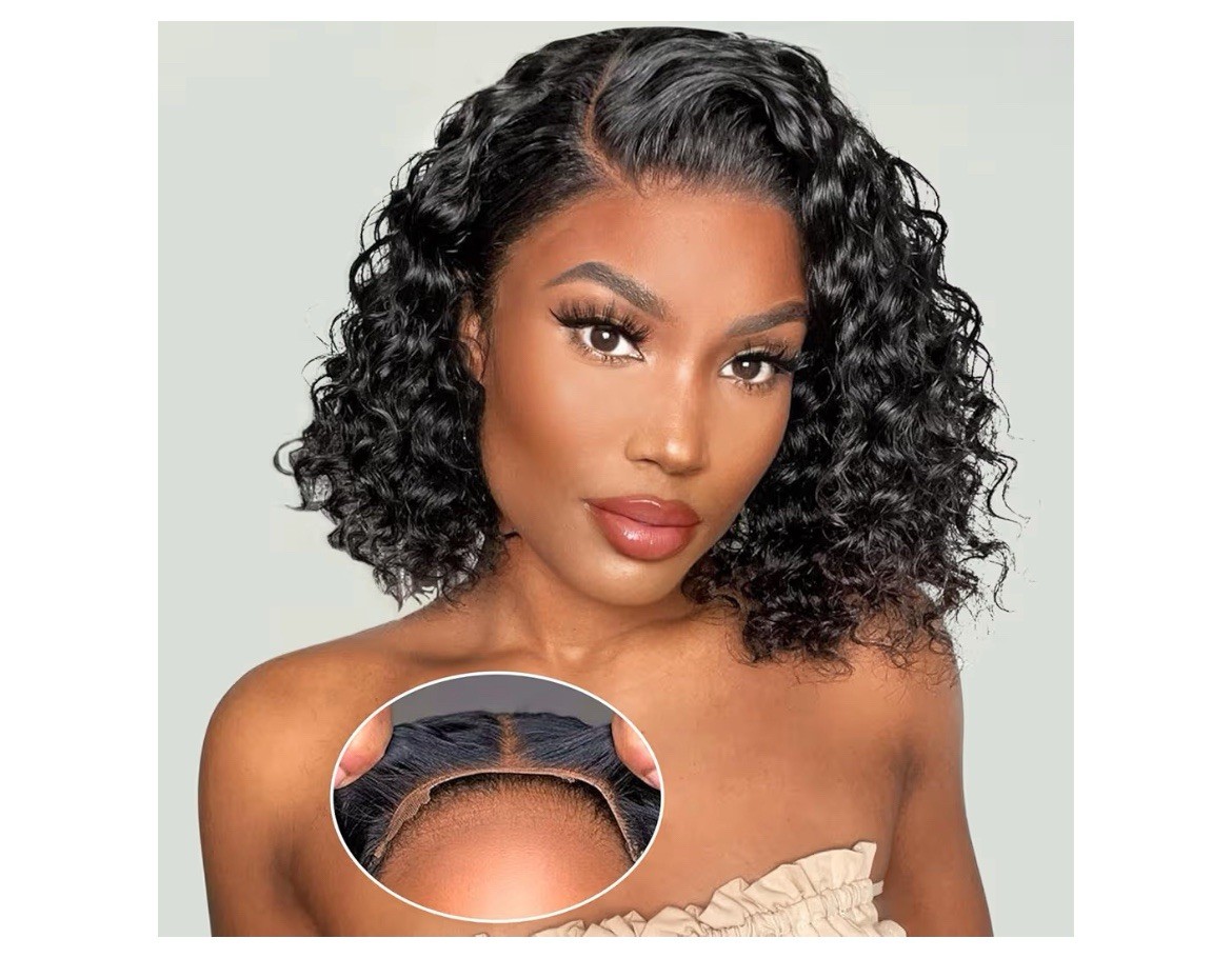 Curly Bob Human Hair Wig 10″ 4×4 Glueless Lace Closure 200% Density Pre Cut Pluc