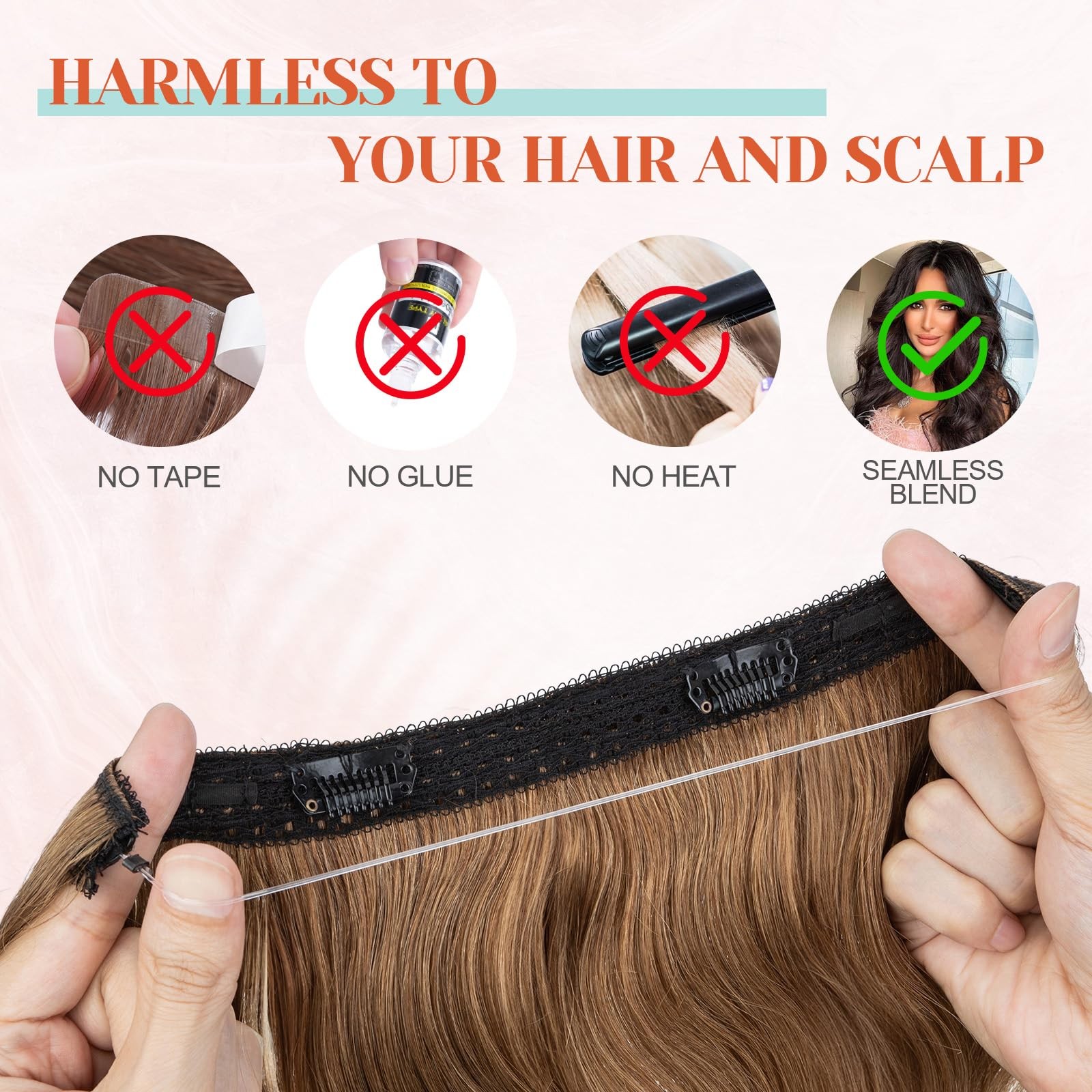 Benehair Halo – 100 Real Human Brown Wavy/Curly Wire Extension Light
