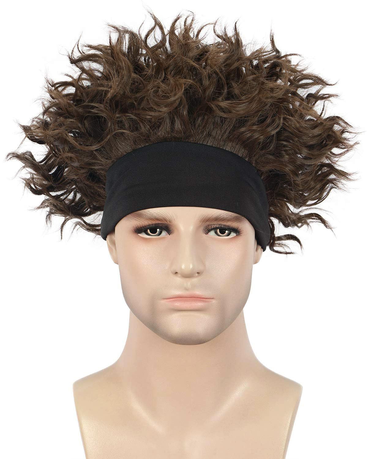 Brown Short Curly Wig With Headband For Men Halloween Cosplay Costume Full Wig