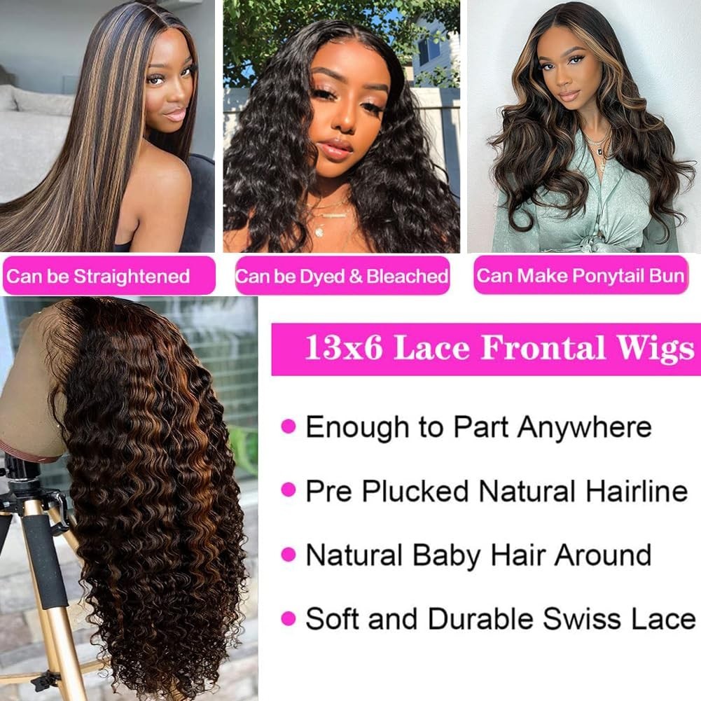 24″ Ombre Lace Front Wig Human Hair, Pre-Plucked Deep Wave, 180% Density, Gluele