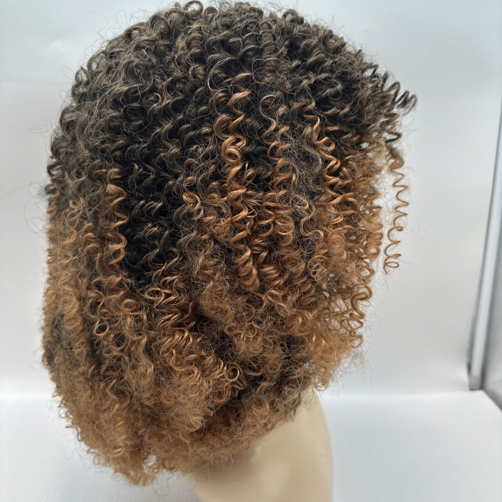 Ombre Brown 12 Inch Afro Kinky Curly Synthetic Wig with Bangs Wear and Go {19}