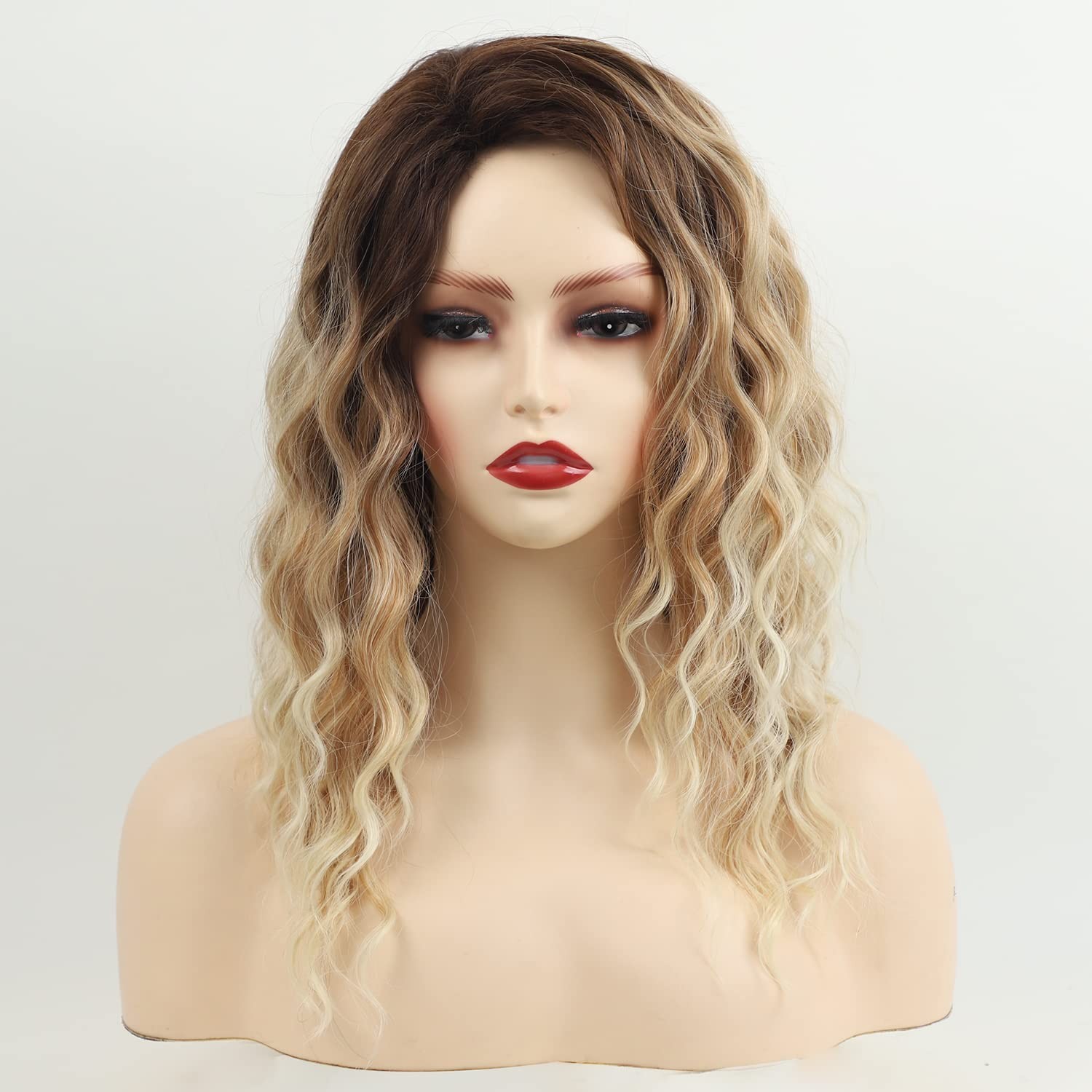 Ombre Blonde Curly Wigs for Women Medium Length Synthetic Wig Afro Wave Curly…