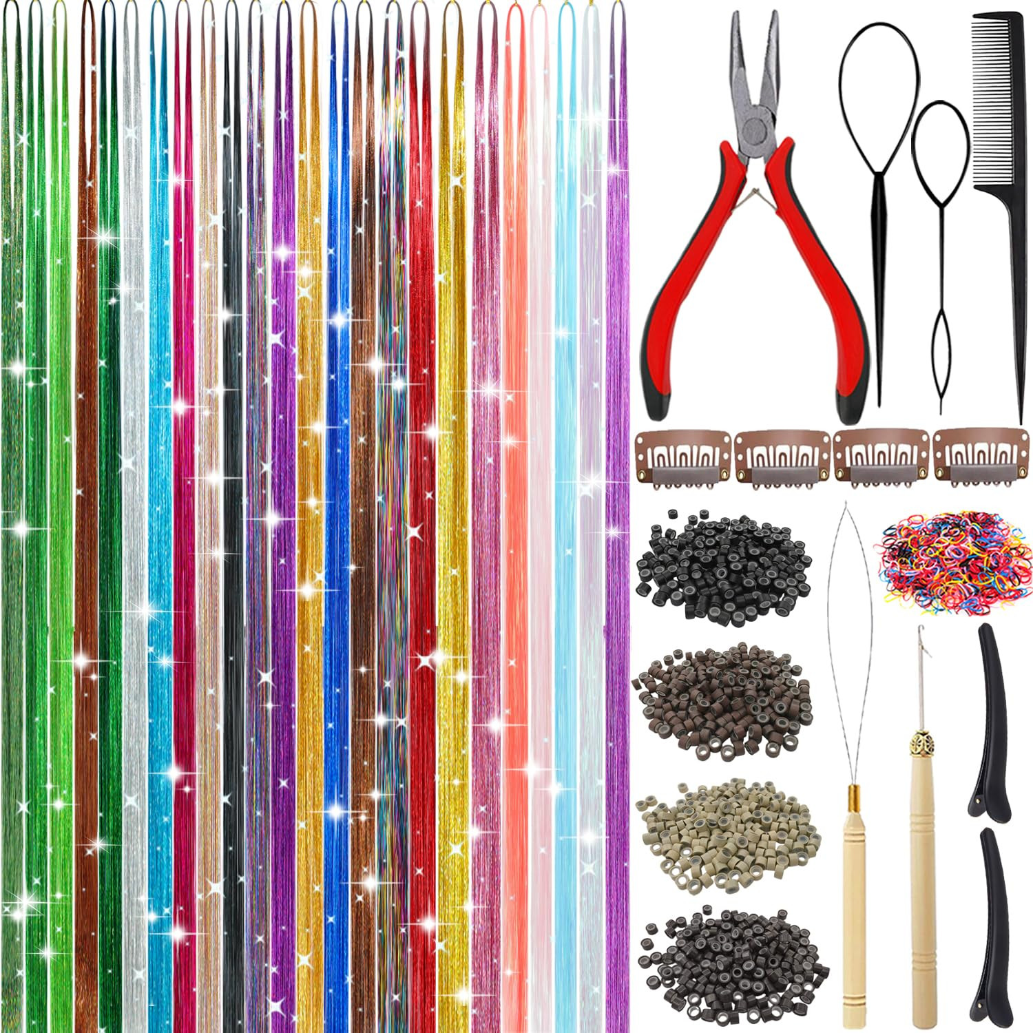24-Color Hair Tinsel Kit with 7800 Strands and Tools for Festive Hair Extensions