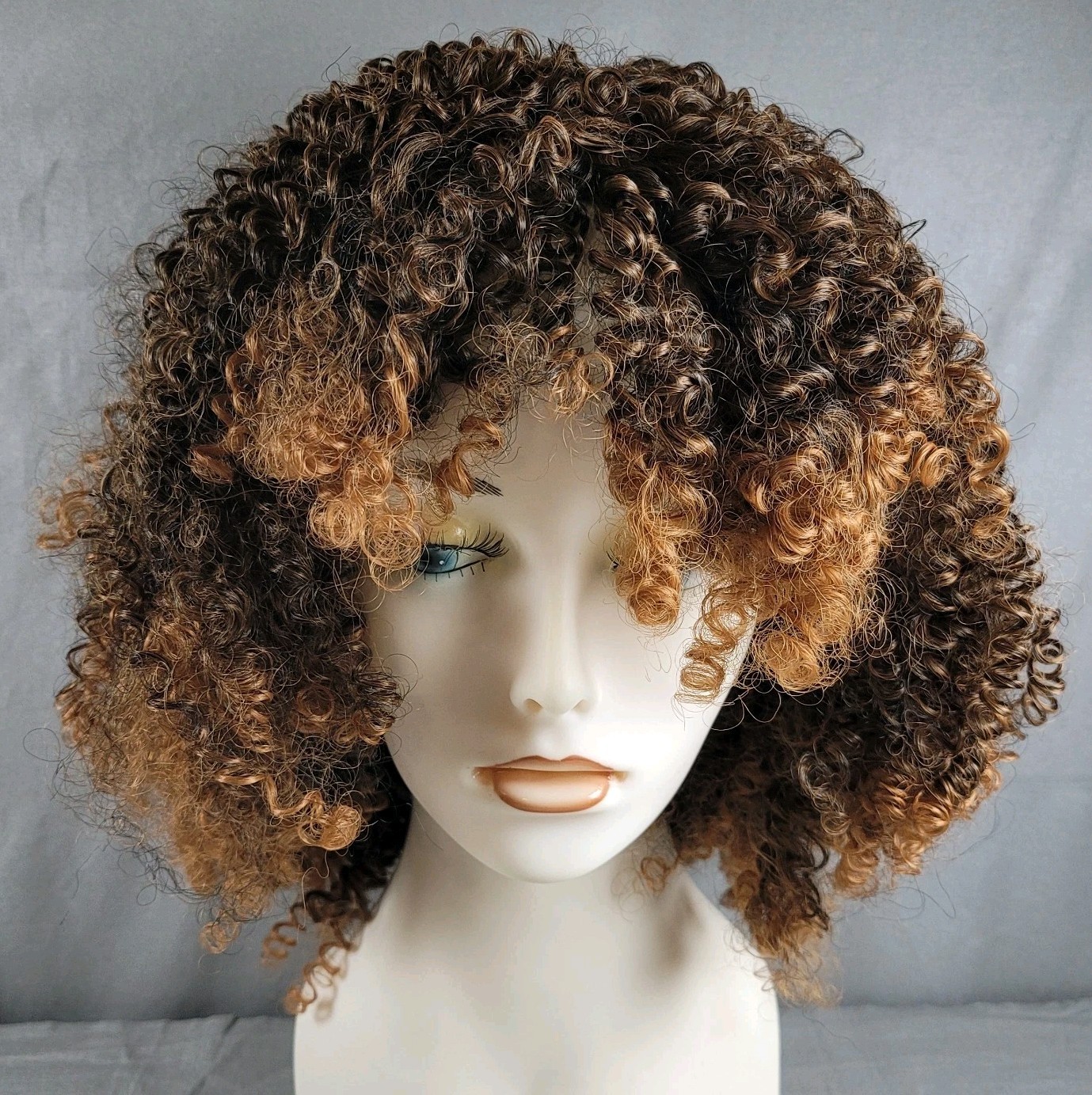 Wig Synthetic Short Kinky Curly Afro Bangs Golden Brown Ombré Black Cosplay