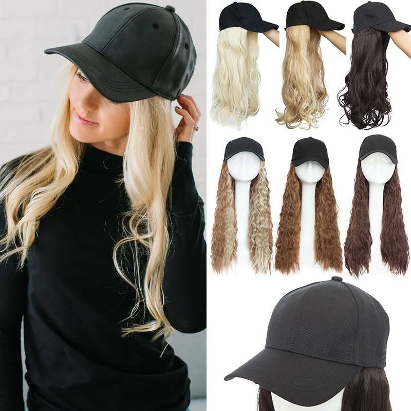 100% REAL Baseball Hat Cap with Hair Extensions AS Human Long Ponytail Hairpiece