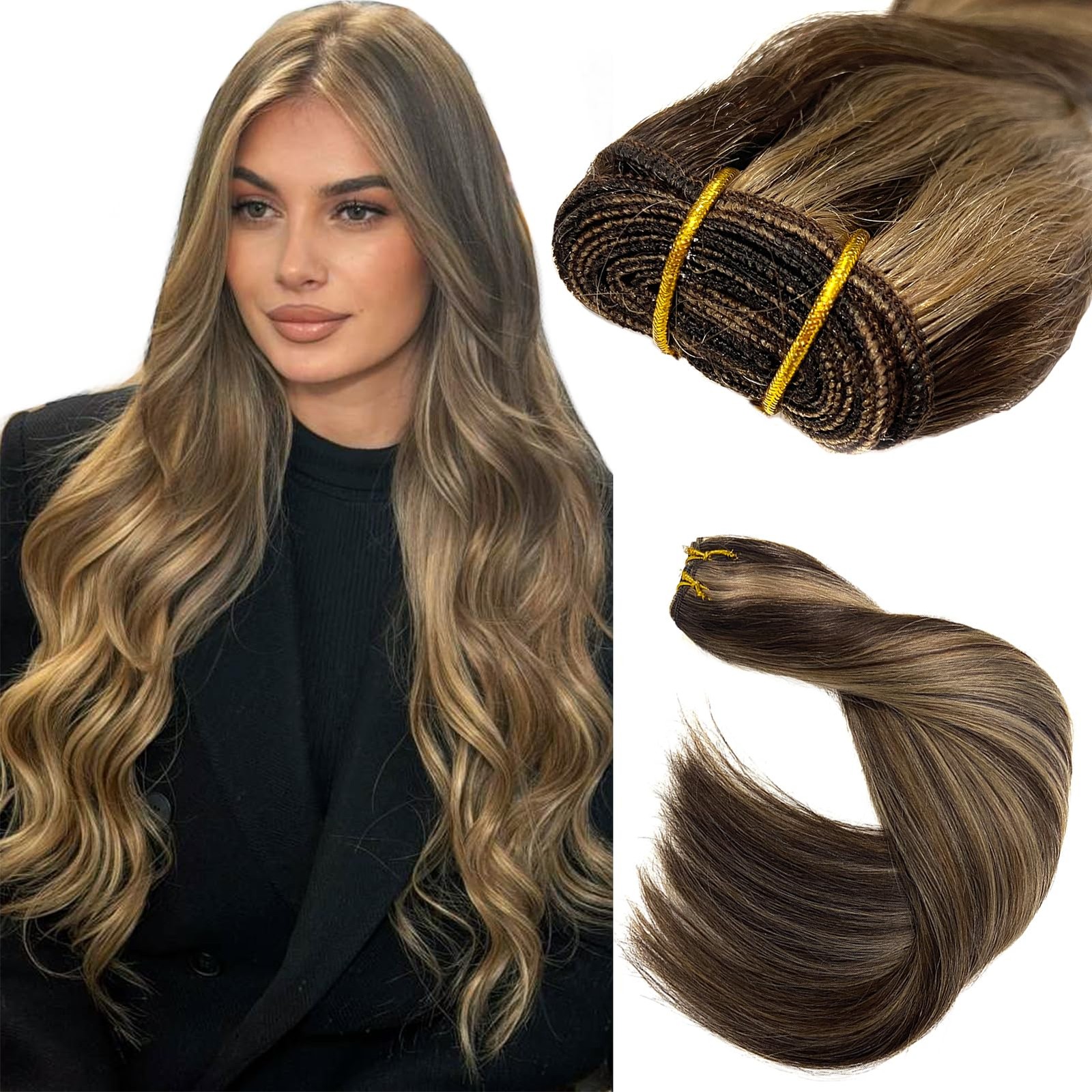 Sew in Hair Extensions Real Human Hair Wefts Dark Brown Balayage Ash Brown Highl