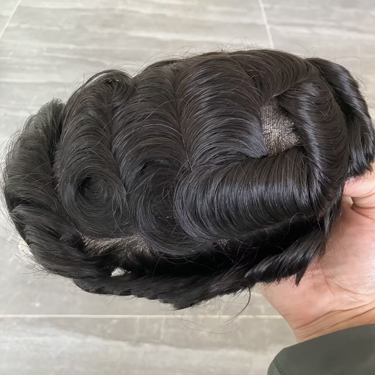 Full French Lace Mens Toupee Wavy Human Hair Replacement Systems Bleached Knots
