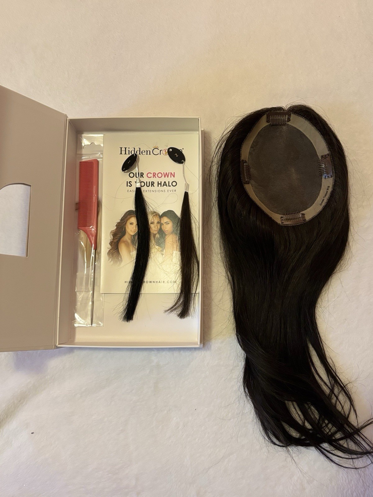 Hidden Crown Remy Human Hair Topper Off Black Clip-In Long Straight Free-Part