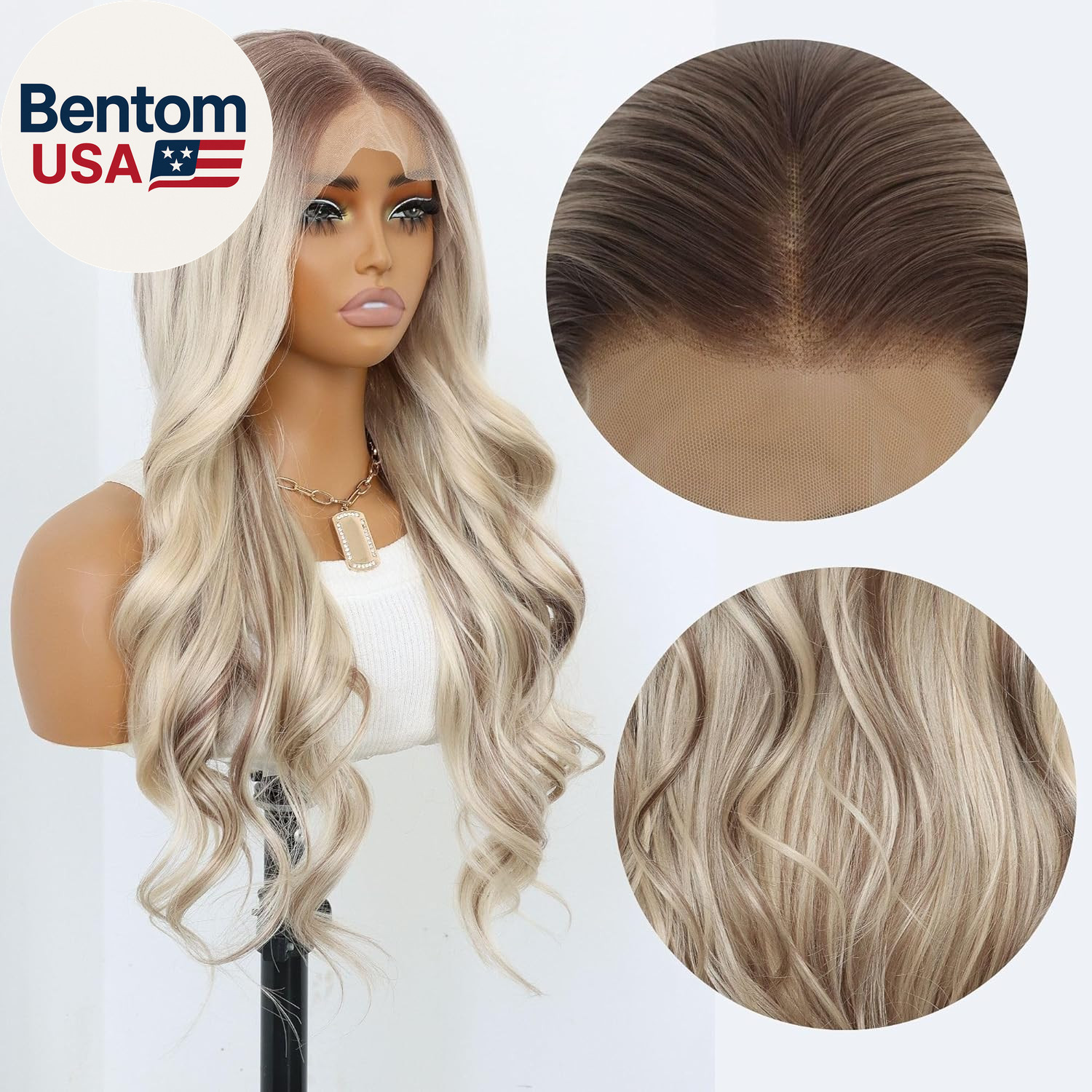 Highlight Ash Blonde Lace Front Wig 24″ Wavy Ombre Blonde 13×4 Pre Plucked Wig