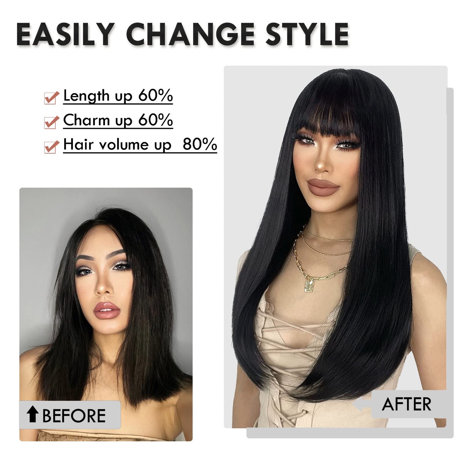 Black Wig for Women Long Straight Black Wigs with Bangs Black Hair Wigs Heat …