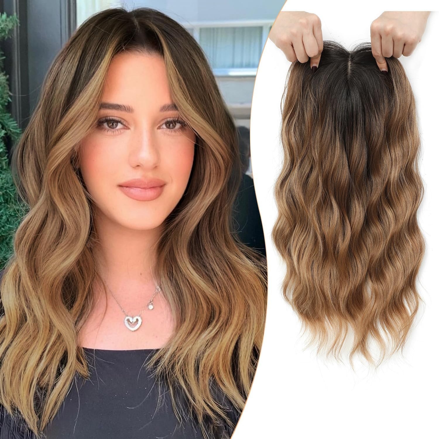 Caramel Blonde Ombre Highlights Dark Roots Long Wavy 16in Women Hair Topper
