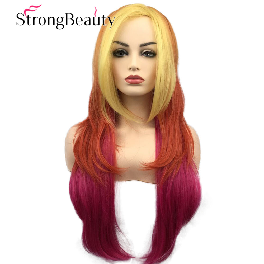 Yellow Orange Pink Long Straight Layered Wig for Women Cosplay Party Wigs