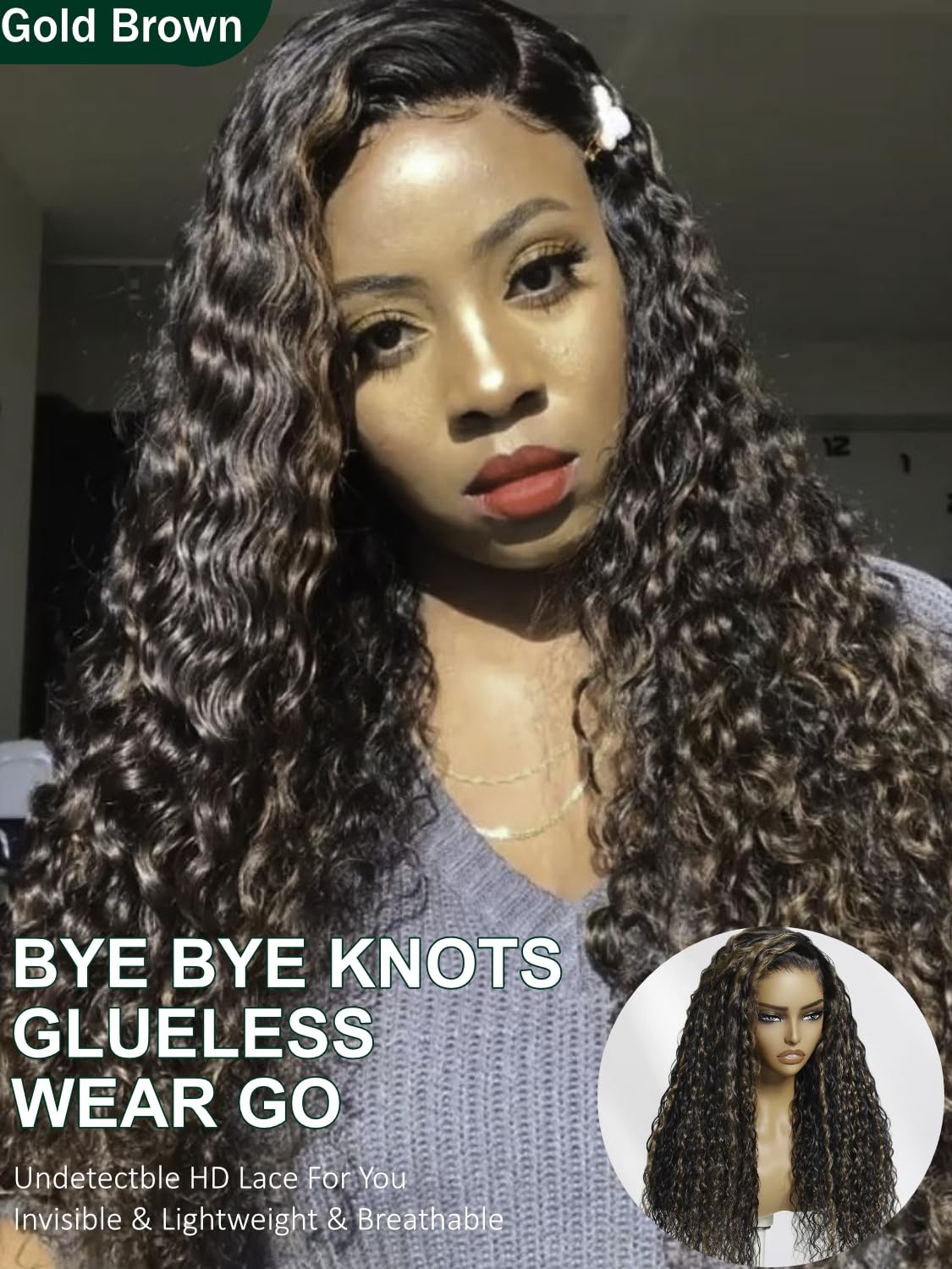 Klaiyi Golden Brown Water Wave Bye Bye Knots Glueless Wig Human Hair Highlight