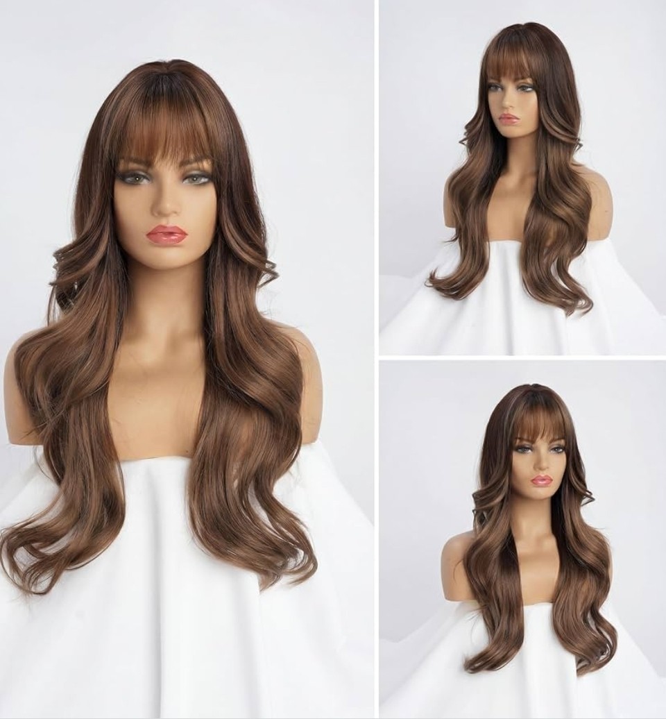 Wig – Human Hair Blend – Long Straight Body Wave Dark Brown Bangs Heat Resistant