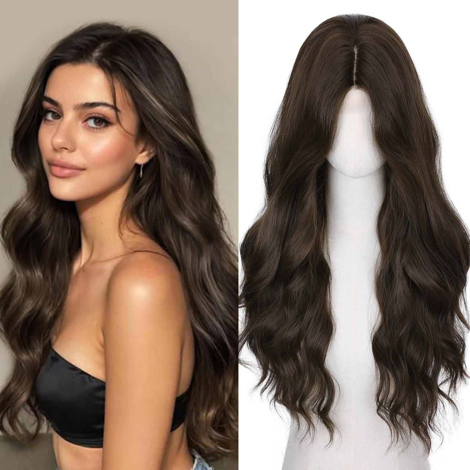 Long Wavy Wig Middle Part Dark Brown Wigs 26 Inches Brown Wigs For White Wome…