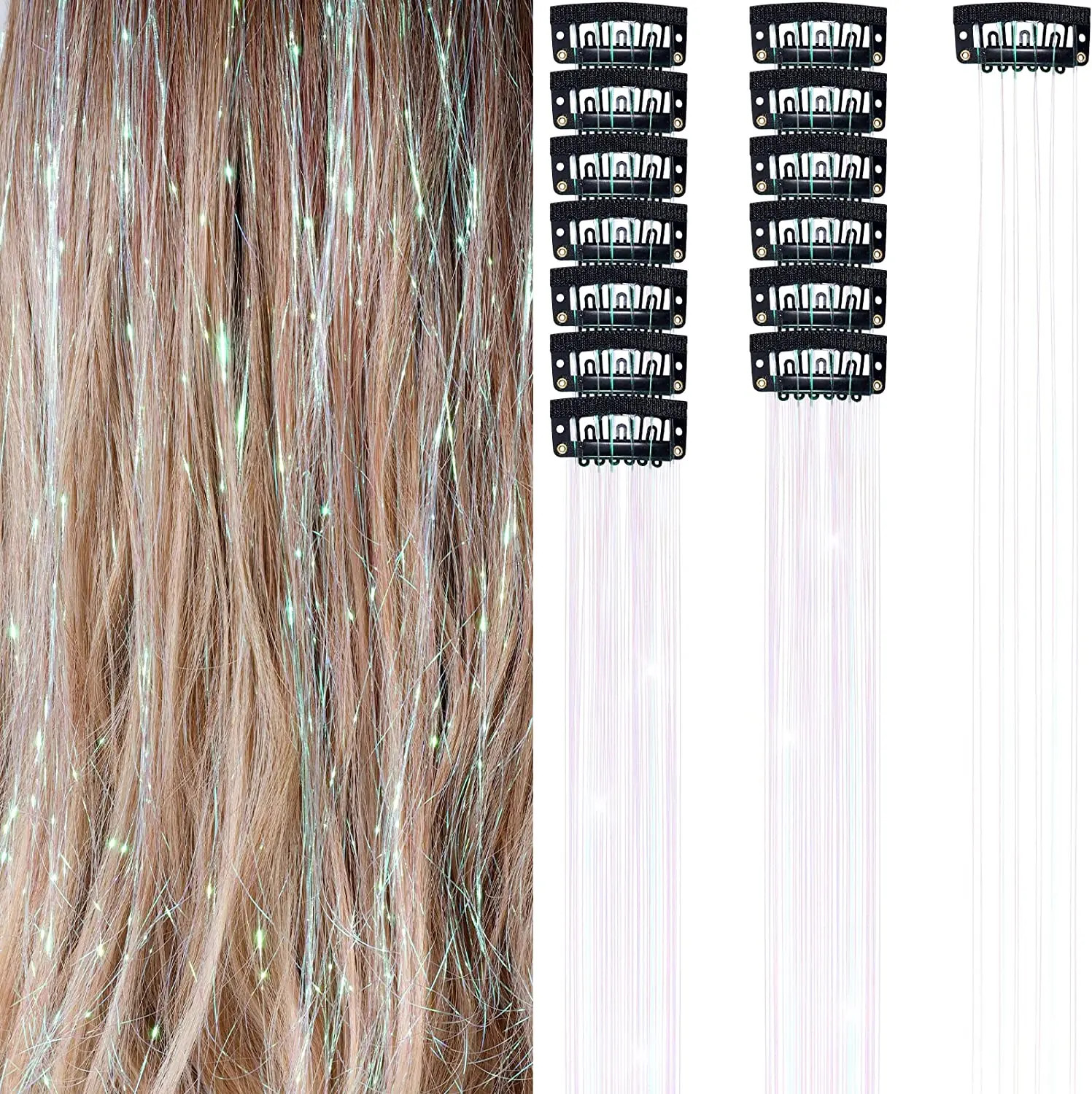 50cm Sparking Shiny Hair Tinsel Extensions Synthetic Clip In Hair Extensions