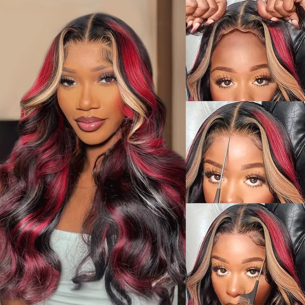 13X6 Burgundy Lace Front Wig 24″ Ombre Human Hair Body Wave Pre-Plucked Highligh