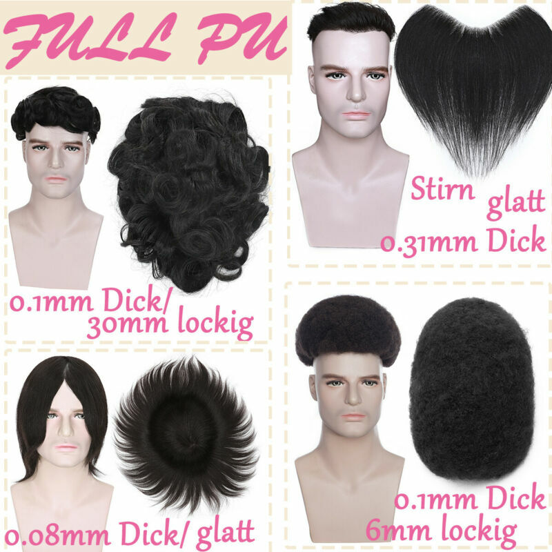 FULL PU Replacement System Mens Toupee Hairpieces Remy Human Hair Skin Poly Wigs