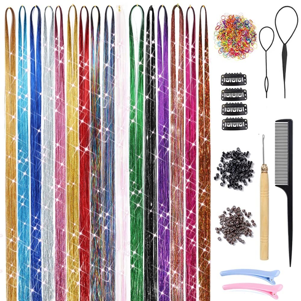 12/16 Color Hair Tinsel Kit with Tools 3200 Strand Glitter Tinsel Hair Extension