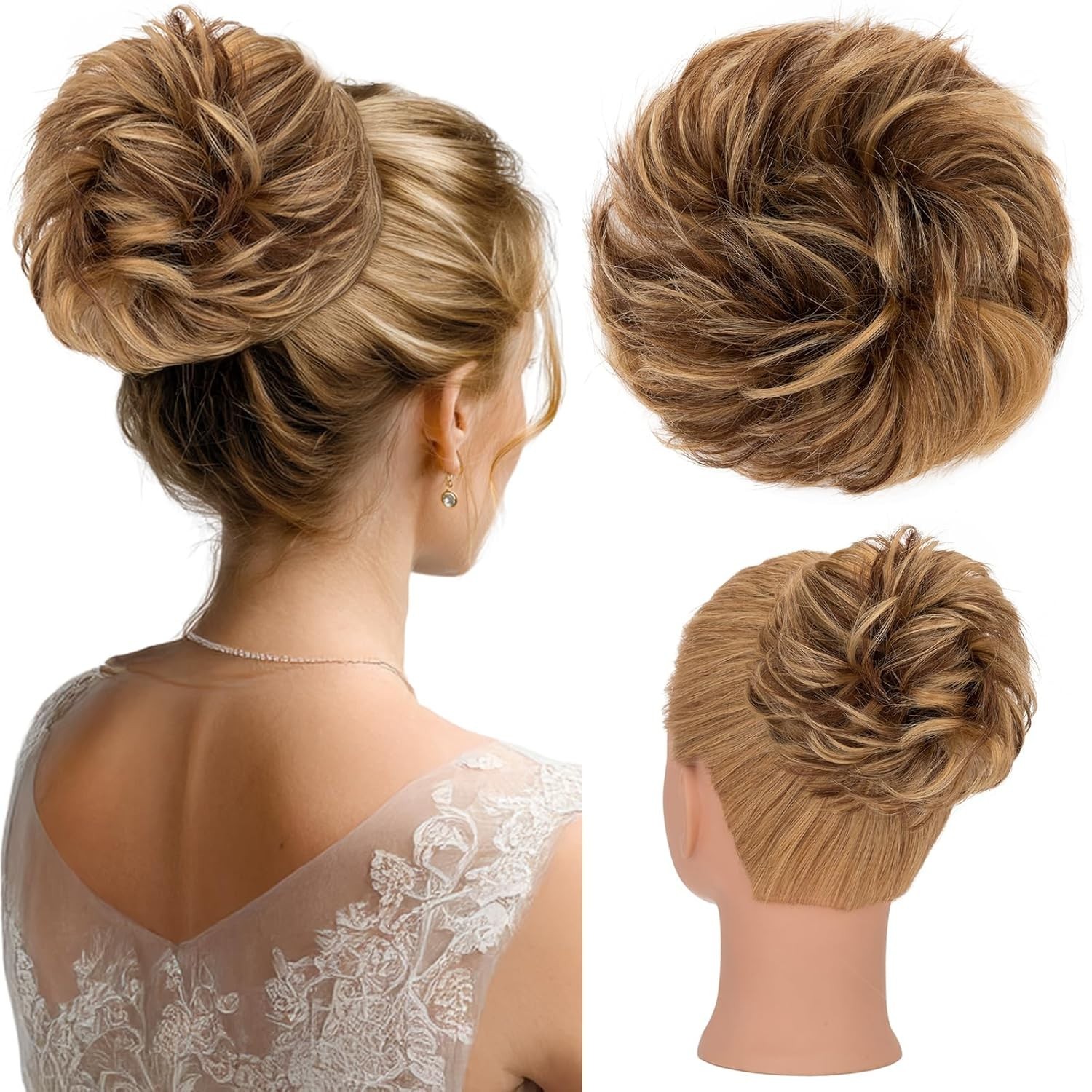 Human Hair Messy Bun Hair Piece For Women 30g #4RP27 Medium Brown Mix Dark Blond