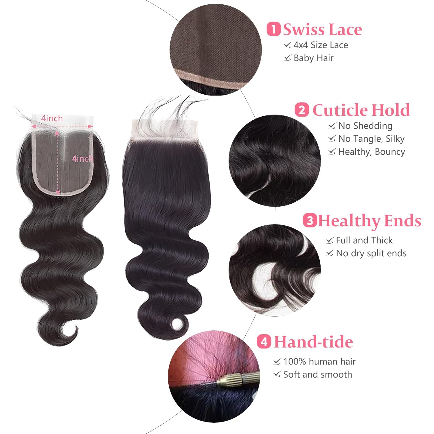 4×4 Lace Closure Human Hair Body Wave Transparent Lace Closure Free Part 100%…