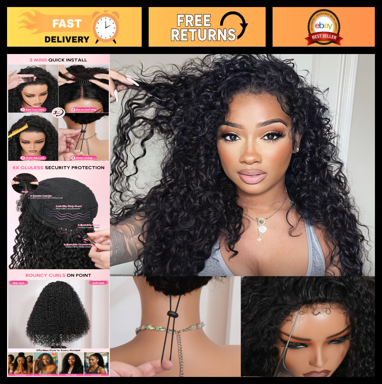 Water Wave Half Wig Human Hair | 20 Inch Invisi Drawstring | 180 Density | 3B/3C