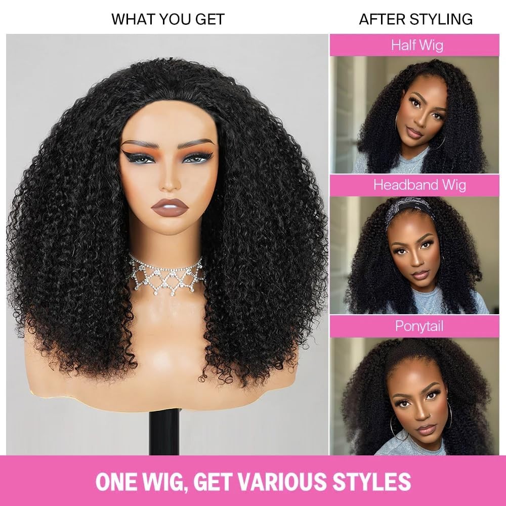 22″ Kinky Curly Half Wig – Glueless Human Hair, 3-in-1 Drawstring Headband Wig f