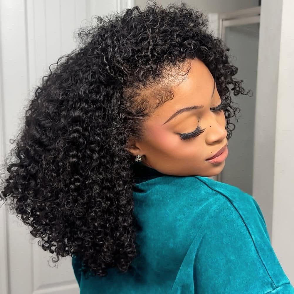 Kinky Curly Half Wig Human Hair 200 Density 3 In 1 Drawstring Seamless 16” Wig