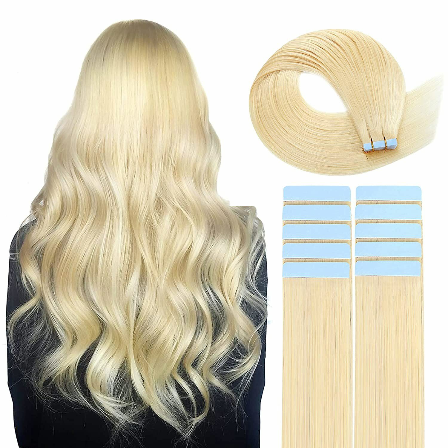 Tape in Human Hair Extensions 613 Light Blonde PU Skin Weft 20 inch 40pcs 100G