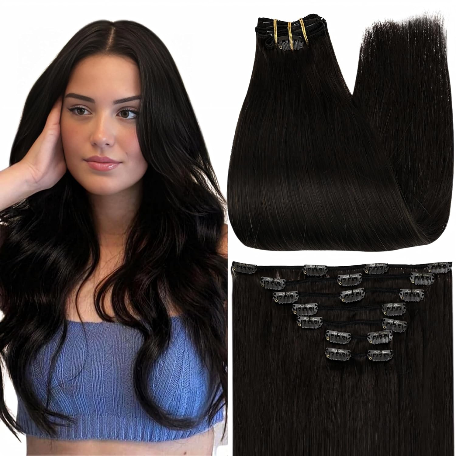 Full Shine Black Hair Extensions Real Human Hair Clip ins Black Straight Clip in