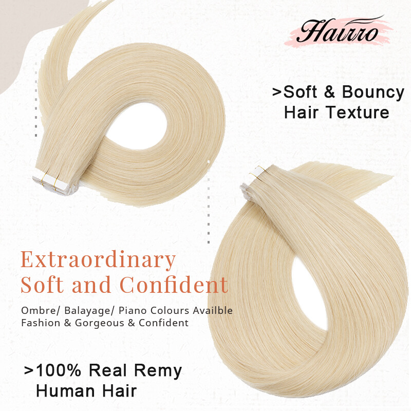 #60 Platinum Blonde Tape In Human Hair Extensions Russian Remy Skin Weft HAIRRO