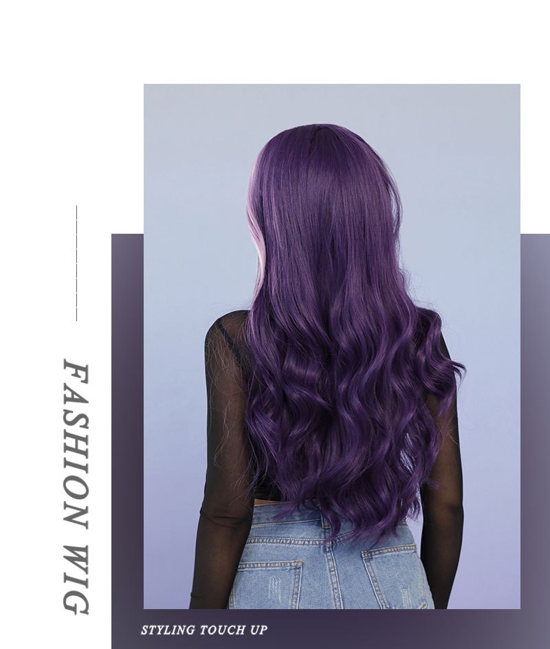 28in Purple Highlighted Pink Long Wavy Wig Heat Resistant Synthetic Cosplay