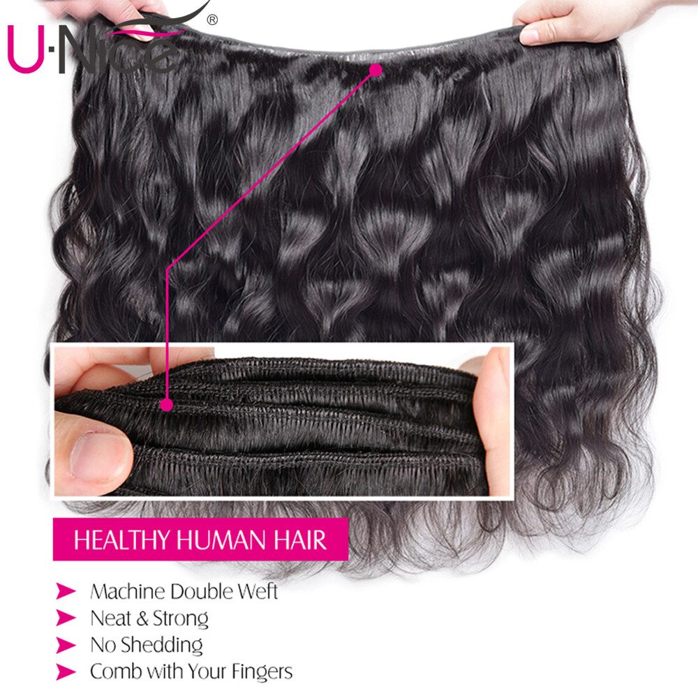 UNice Indian Water Wave Human Hair Extensions 3 Bundles With Lace Closure Weave
