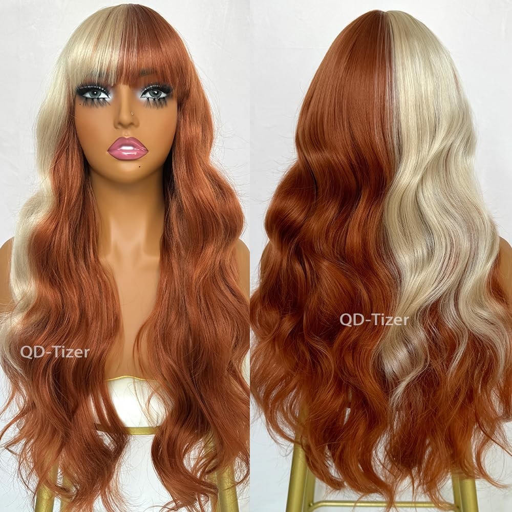 Blonde and Copper Synthetic Wigs Long Wavy Curly with Bangs for Cosplay and P…