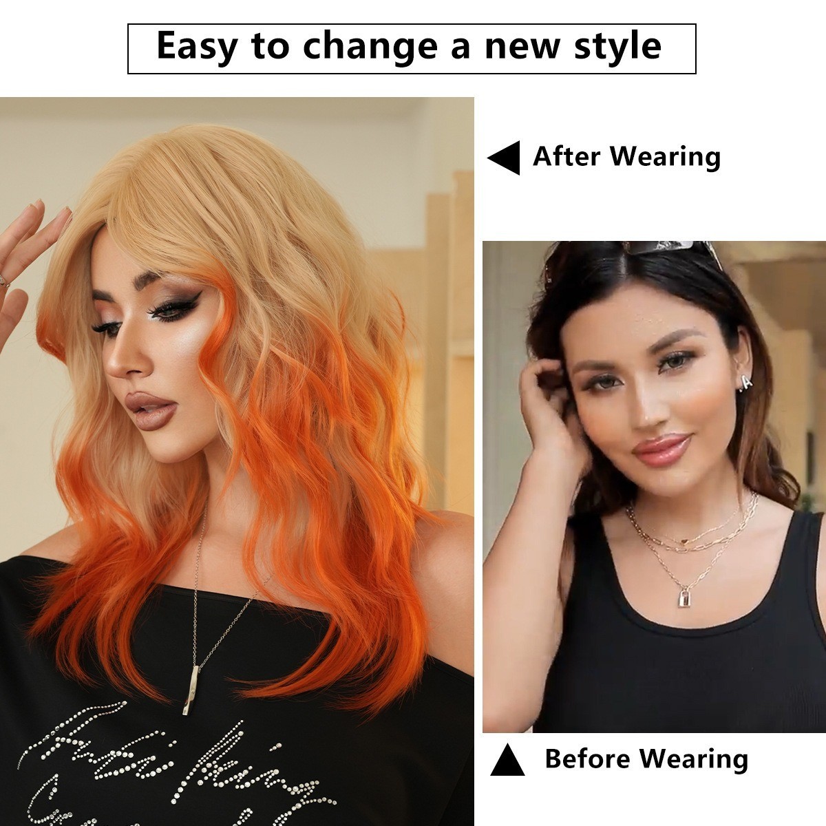 53cm 20in color medium-length wavy long hair with orange faux eight-shaped bangs