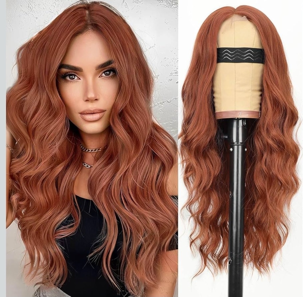 Long HD Transparent Lace Front Wig Auburn Red Red Blonde Human Hair Wavy Curls