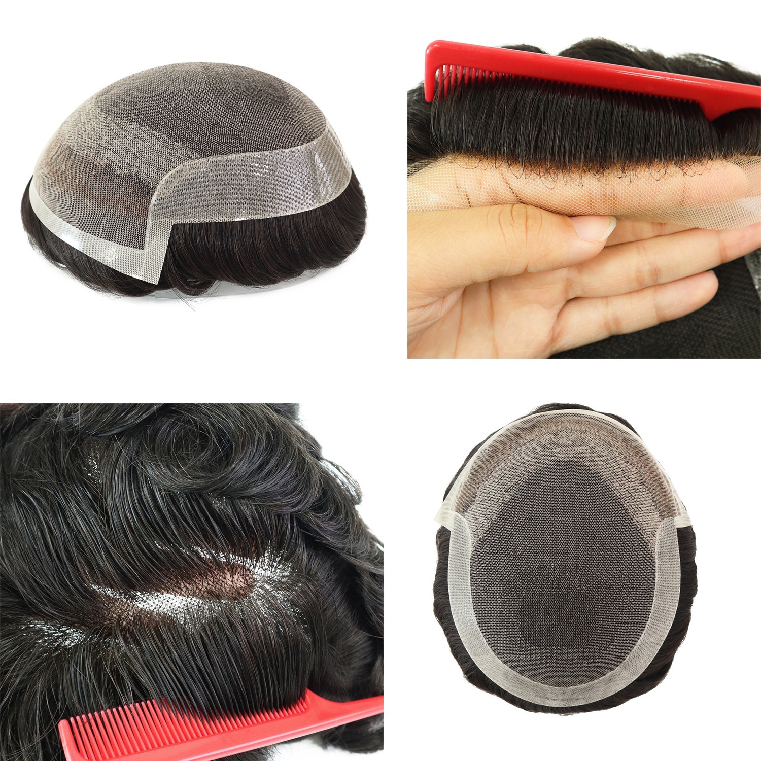Mens Toupee Human Hair Replecement System Lace Front Natural Black Hairpiece #1C