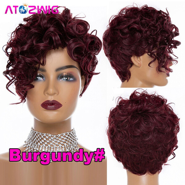 Burgundy Red Short Pixie Cut Curly Wig with Side Bangs for Women Synthetic Hair