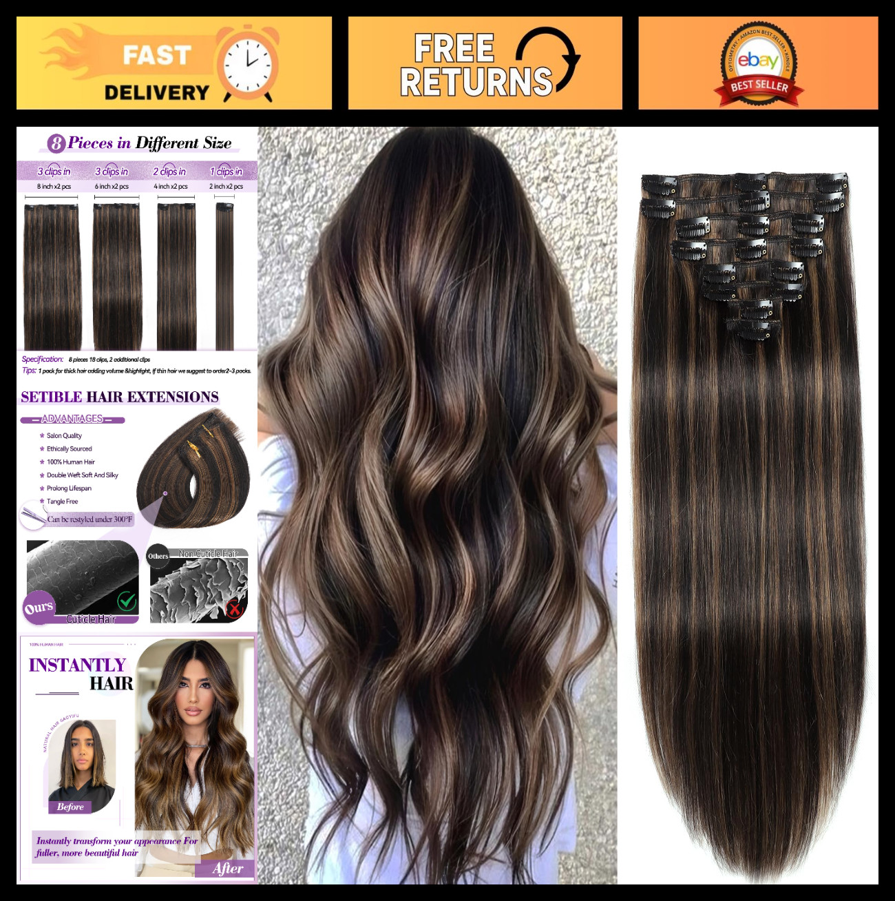 Invisible Clip-In Hair Extensions – 24″ Remy Human Hair, 120g, Balayage Highligh