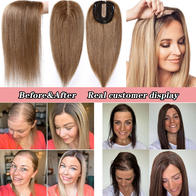 Clip in Topper Hairpiece Woman Toupee Virgin Human Hair Silk Base Lace Highligh