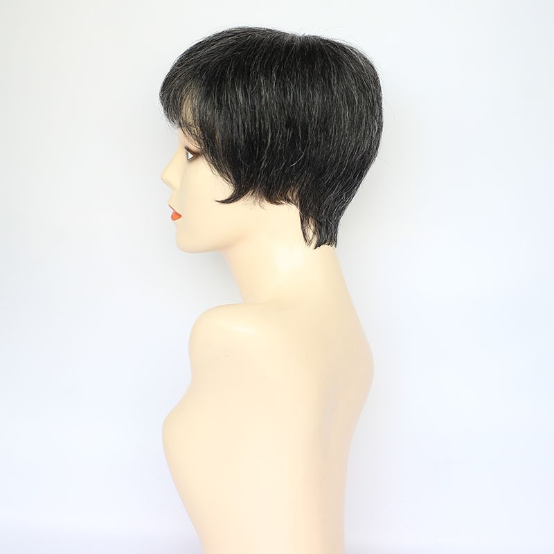 Short Grey Mixed Black Grey Pixie Cut Salt and Pepper Pixie Wigs with Bangs