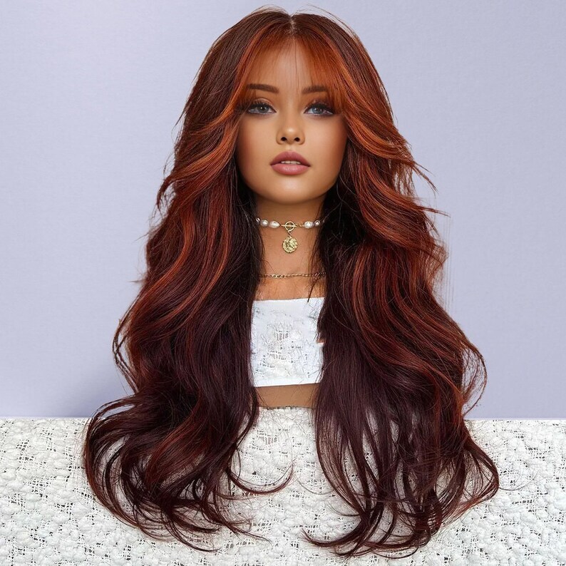 20′ Wave Orange Mixed Burgundy Red Wig T Part Lace Remy Human Hair Wig Women