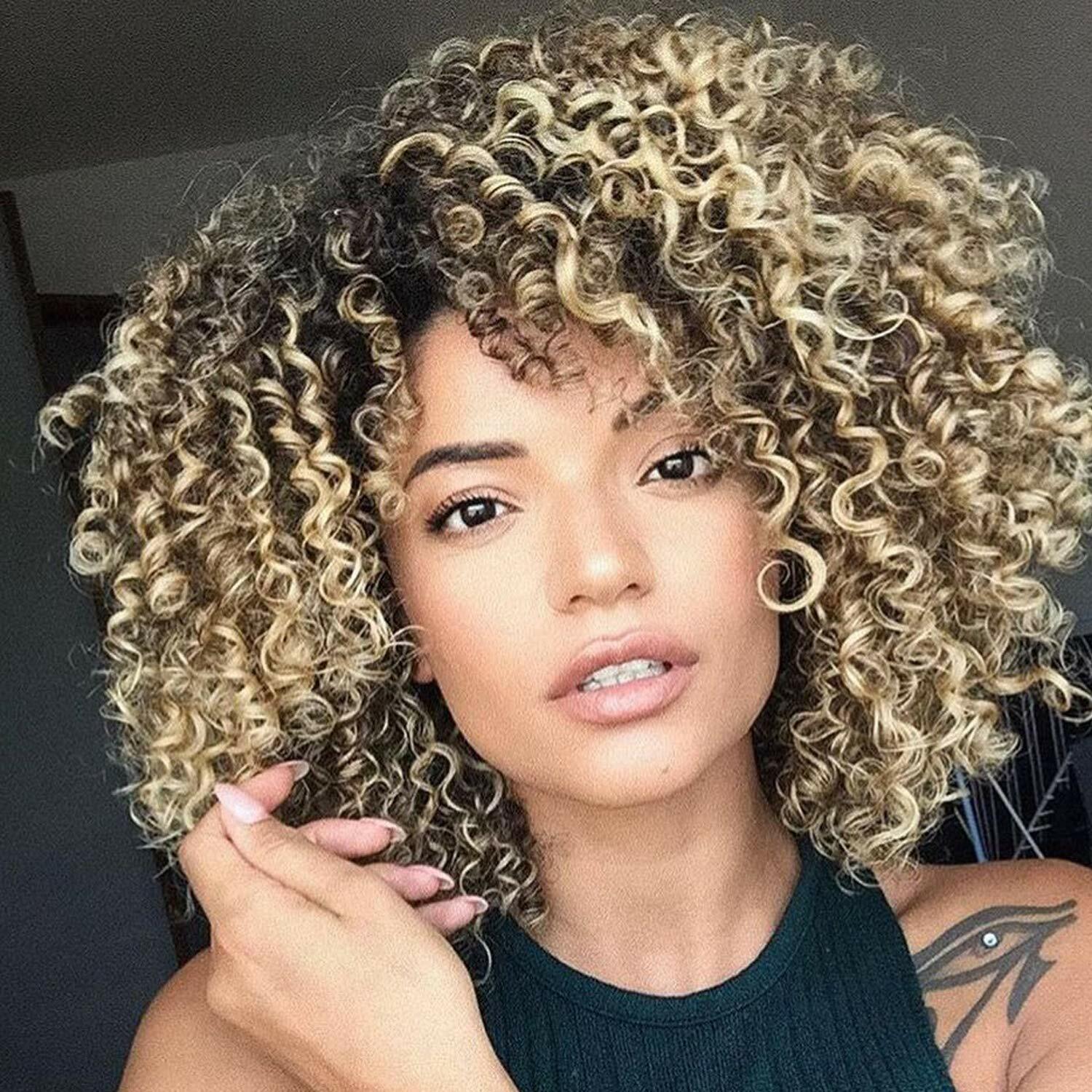 Women Ombre Blonde Short Curly Afro Wigs With Bangs Kinky Curly Wig Synthetic