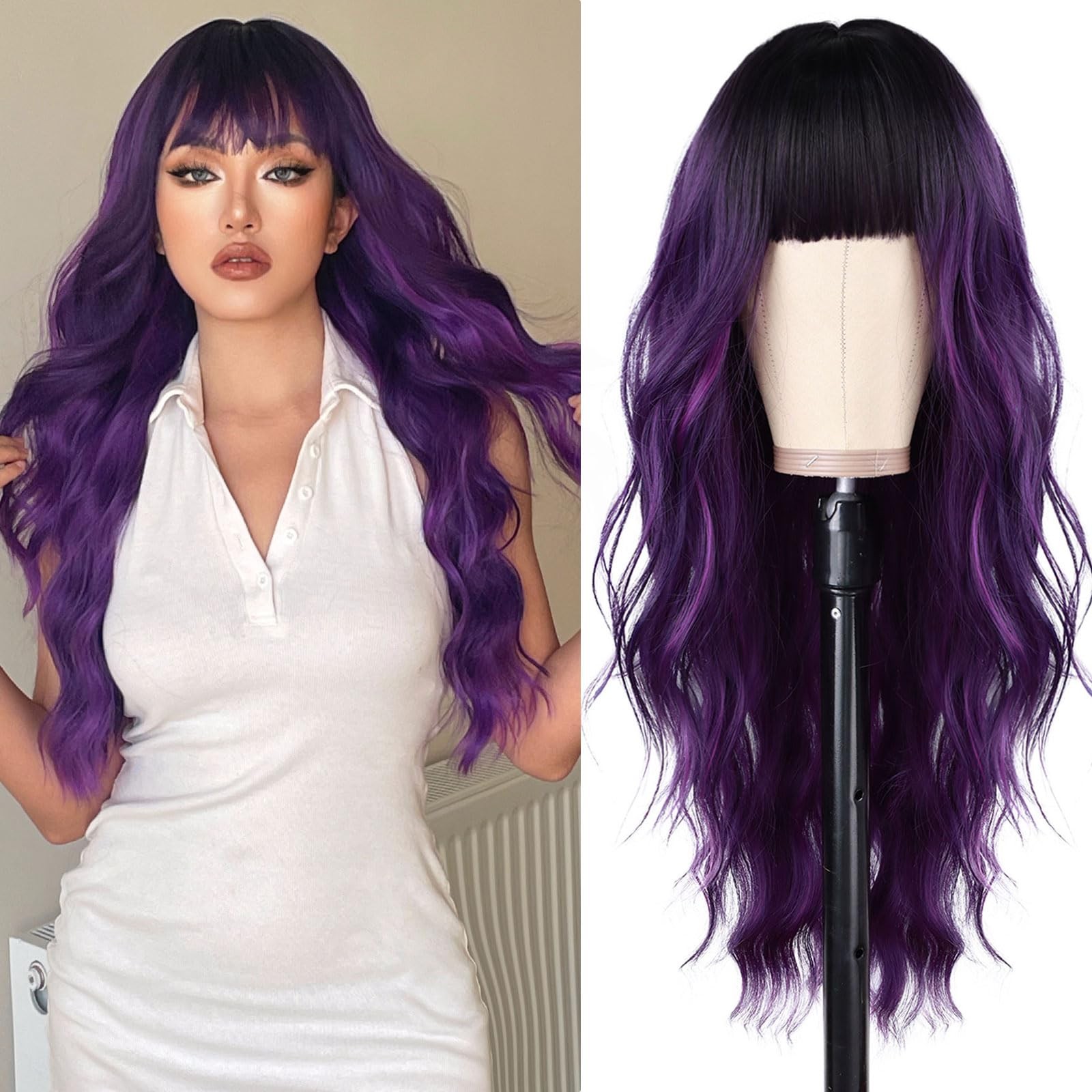 Purple Wig With Bangs Black and Purple Wigs for Women Long Curly Wavy Wig wit…
