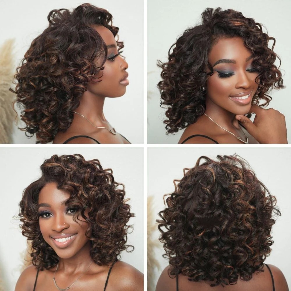 short black curly blonde Highlight 100% Human Hair Lace Front Wigs 200% Density