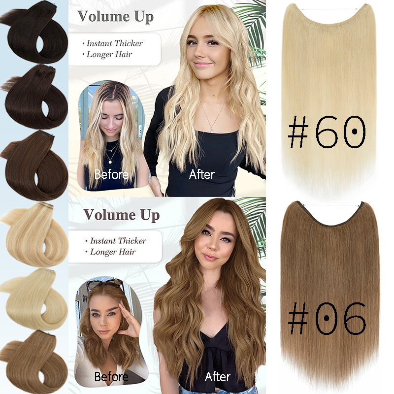 Invisible Ring Clip in Wire Fish Line Weft Remy Human Hair Extensions Hairpiece