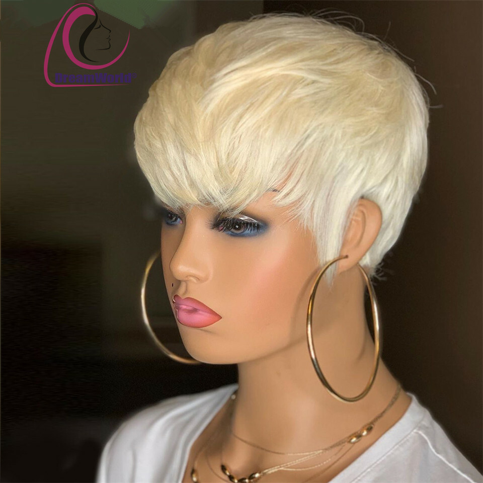 Pixie Cut Hairstyle Short 613 Honey Blonde Human Hair Wig Full Bang 150% Density