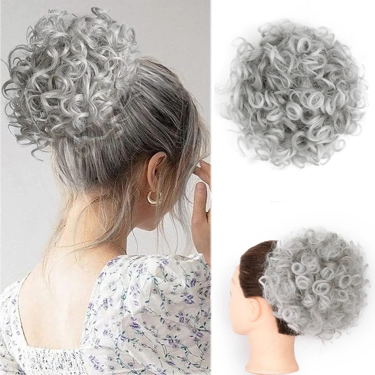 Ombre Blonde Large Curly Synthetic Messy Hair Bun Elastic Drawstring Ponytail