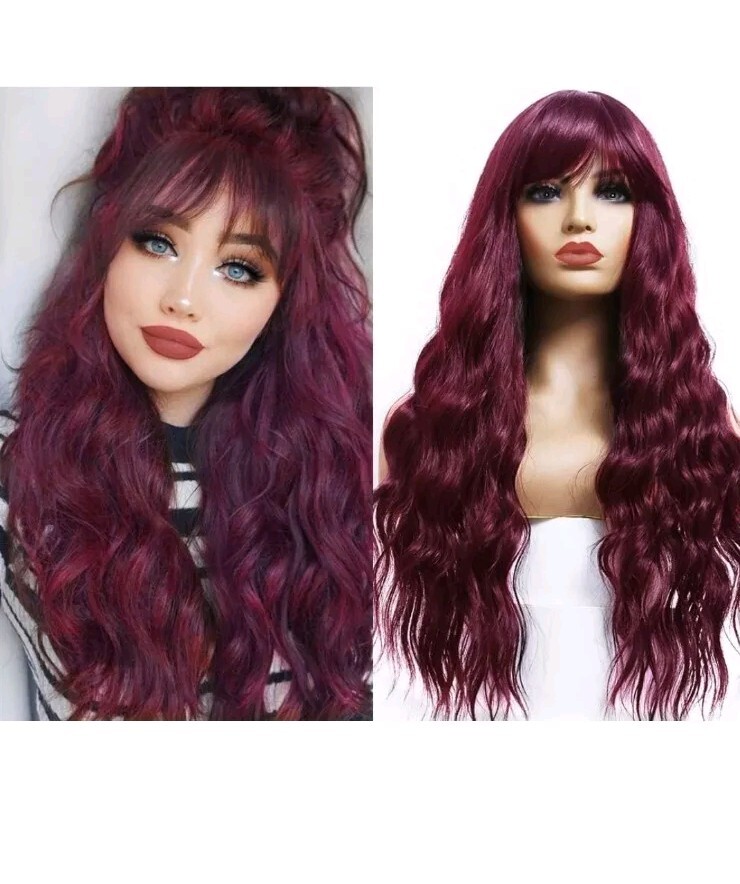 ANDRIA Women’s 26″ Wavy Wig w/Bangs Synthetic Heat Resist Ombre Burgundy Red NWT
